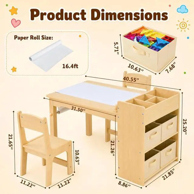 Alt view image 3 of 6 - Kids Art Table and 2 Chairs Set, Large Toddler Craft Desk with Organizers, Sturdy Wooden Activity Table w/Paper Roll, Open Shelves, Removable Bins, for Drawing Painting Writing (Natural)