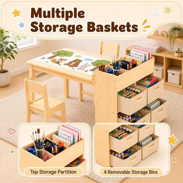 Alt view image 4 of 6 - Kids Art Table and 2 Chairs Set, Large Toddler Craft Desk with Organizers, Sturdy Wooden Activity Table w/Paper Roll, Open Shelves, Removable Bins, for Drawing Painting Writing (Natural)