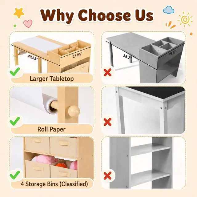 Alt view image 5 of 6 - Kids Art Table and 2 Chairs Set, Large Toddler Craft Desk with Organizers, Sturdy Wooden Activity Table w/Paper Roll, Open Shelves, Removable Bins, for Drawing Painting Writing (Natural)