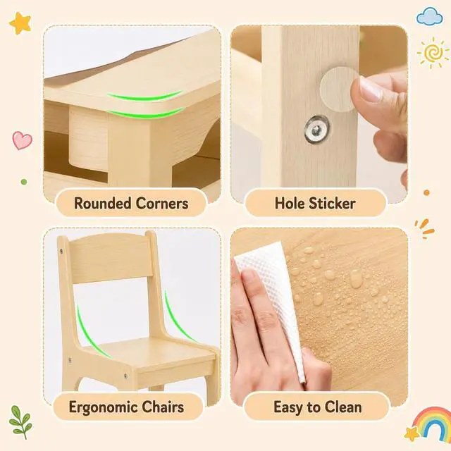 Alt view image 6 of 6 - Kids Art Table and 2 Chairs Set, Large Toddler Craft Desk with Organizers, Sturdy Wooden Activity Table w/Paper Roll, Open Shelves, Removable Bins, for Drawing Painting Writing (Natural)