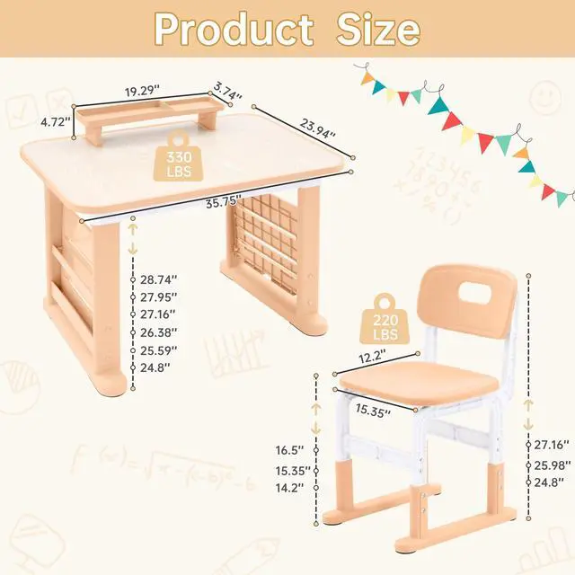 Alt view image 2 of 6 - Kids Desk and Chair Set, Height Adjustable Kids Table and Chairs, Study Table for 3-12 Years Boy and Girl, Student Writing Desk with Side Bookshelf and Storage for Bedroom/Study Room/School