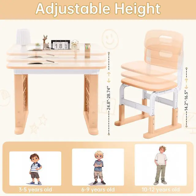 Alt view image 4 of 6 - Kids Desk and Chair Set, Height Adjustable Kids Table and Chairs, Study Table for 3-12 Years Boy and Girl, Student Writing Desk with Side Bookshelf and Storage for Bedroom/Study Room/School