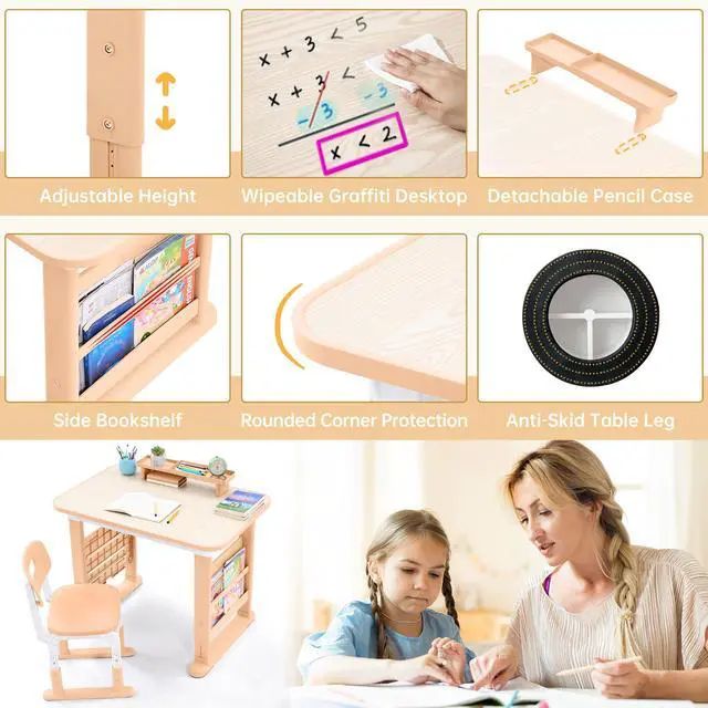 Alt view image 5 of 6 - Kids Desk and Chair Set, Height Adjustable Kids Table and Chairs, Study Table for 3-12 Years Boy and Girl, Student Writing Desk with Side Bookshelf and Storage for Bedroom/Study Room/School
