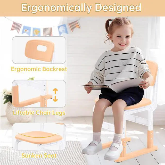 Alt view image 6 of 6 - Kids Desk and Chair Set, Height Adjustable Kids Table and Chairs, Study Table for 3-12 Years Boy and Girl, Student Writing Desk with Side Bookshelf and Storage for Bedroom/Study Room/School