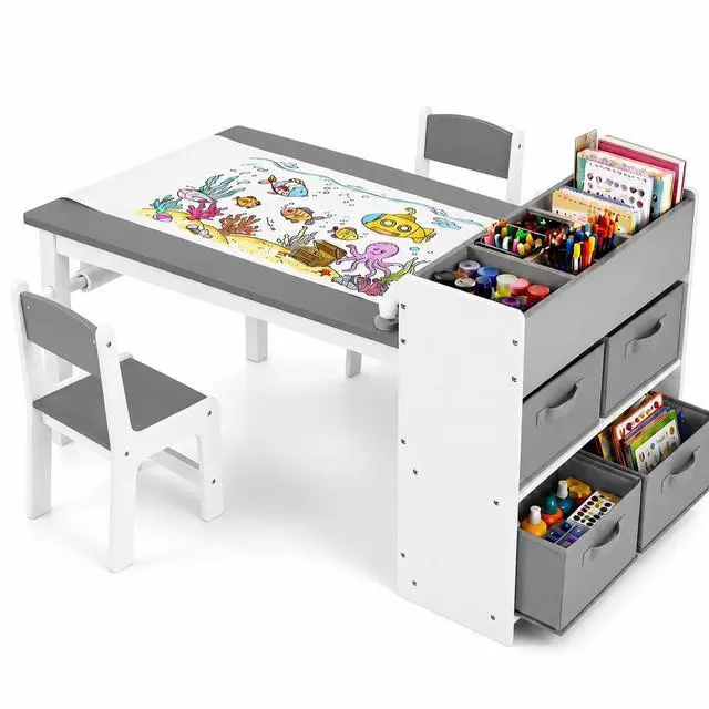 Main image of Kids Art Table and 2 Chairs Set, Large Toddler Craft Desk with Organizers, Sturdy Wooden Activity Table w/Paper Roll, Open Shelves, Removable Bins, for Drawing Painting Writing (Grey)