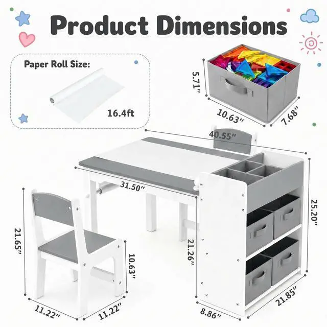 Alt view image 3 of 6 - Kids Art Table and 2 Chairs Set, Large Toddler Craft Desk with Organizers, Sturdy Wooden Activity Table w/Paper Roll, Open Shelves, Removable Bins, for Drawing Painting Writing (Grey)