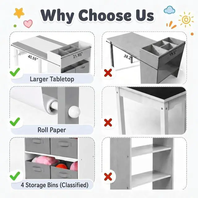 Alt view image 4 of 6 - Kids Art Table and 2 Chairs Set, Large Toddler Craft Desk with Organizers, Sturdy Wooden Activity Table w/Paper Roll, Open Shelves, Removable Bins, for Drawing Painting Writing (Grey)