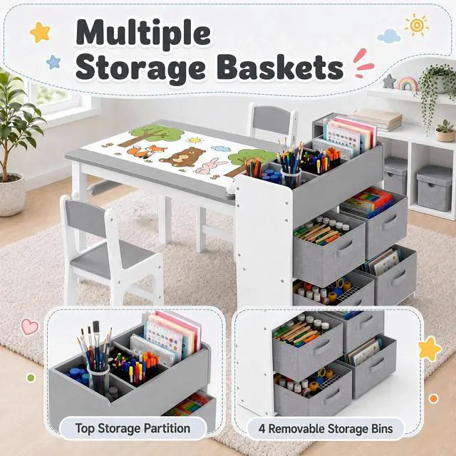 Alt view image 6 of 6 - Kids Art Table and 2 Chairs Set, Large Toddler Craft Desk with Organizers, Sturdy Wooden Activity Table w/Paper Roll, Open Shelves, Removable Bins, for Drawing Painting Writing (Grey)