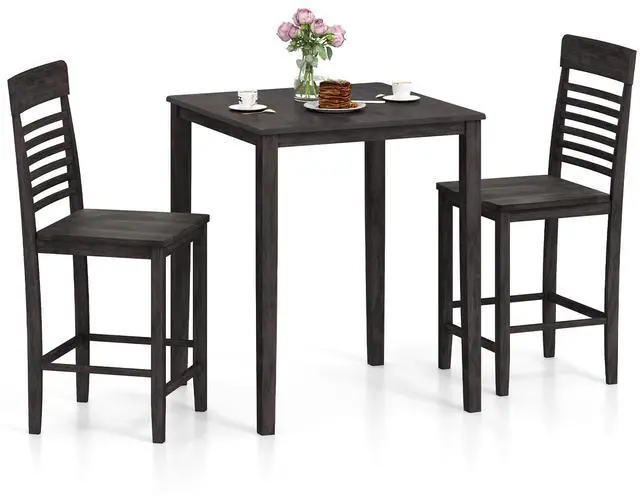 Main image of 3-Piece Dining Table Set for 2, Counter-Height Square Kitchen Table and Chairs Set with Rubber Wood Frame, Curved Back, Footrest, Bar Table Set for Small Place Dinette Breakfast Nook