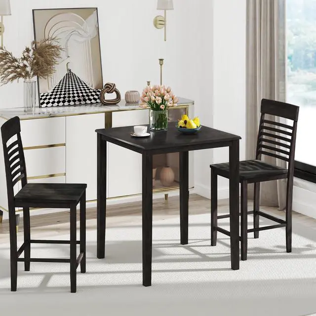 Alt view image 2 of 6 - 3-Piece Dining Table Set for 2, Counter-Height Square Kitchen Table and Chairs Set with Rubber Wood Frame, Curved Back, Footrest, Bar Table Set for Small Place Dinette Breakfast Nook