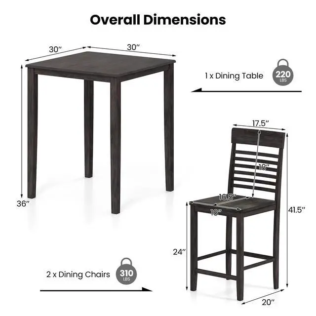Alt view image 3 of 6 - 3-Piece Dining Table Set for 2, Counter-Height Square Kitchen Table and Chairs Set with Rubber Wood Frame, Curved Back, Footrest, Bar Table Set for Small Place Dinette Breakfast Nook