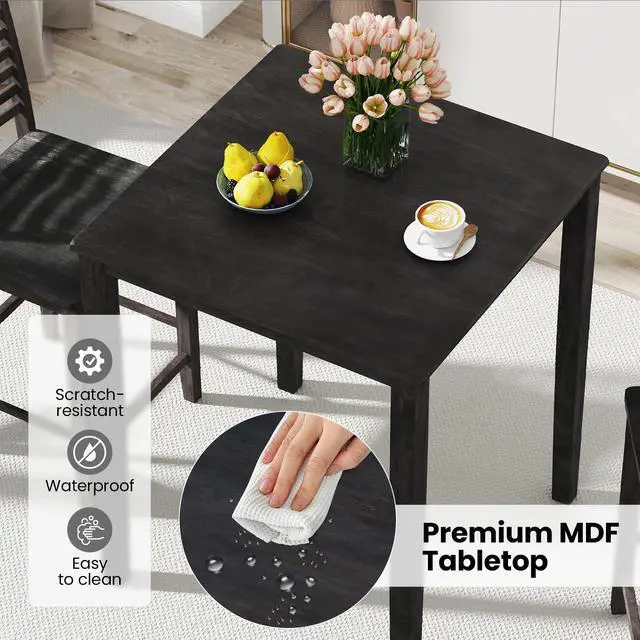 Alt view image 4 of 6 - 3-Piece Dining Table Set for 2, Counter-Height Square Kitchen Table and Chairs Set with Rubber Wood Frame, Curved Back, Footrest, Bar Table Set for Small Place Dinette Breakfast Nook