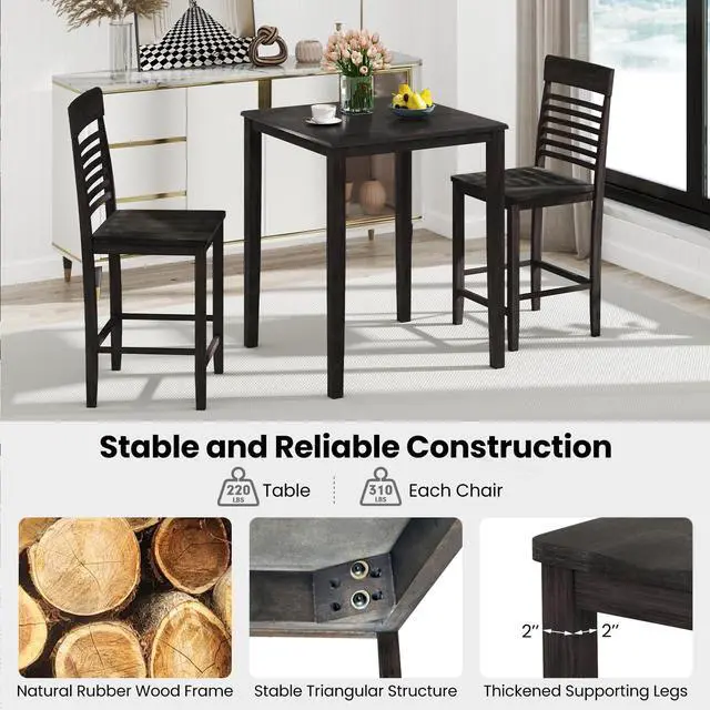 Alt view image 5 of 6 - 3-Piece Dining Table Set for 2, Counter-Height Square Kitchen Table and Chairs Set with Rubber Wood Frame, Curved Back, Footrest, Bar Table Set for Small Place Dinette Breakfast Nook