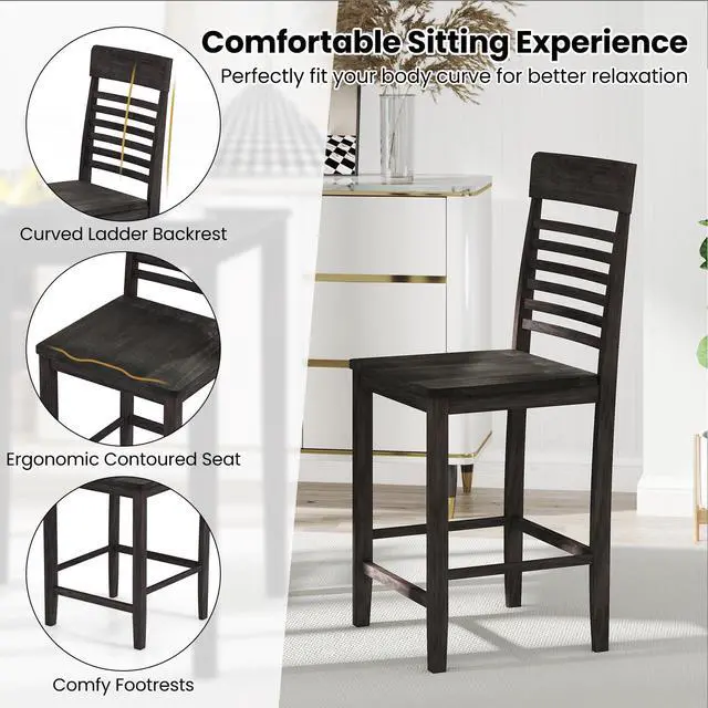 Alt view image 6 of 6 - 3-Piece Dining Table Set for 2, Counter-Height Square Kitchen Table and Chairs Set with Rubber Wood Frame, Curved Back, Footrest, Bar Table Set for Small Place Dinette Breakfast Nook