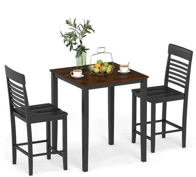 Main image of 3-Piece Dining Table Set for 2, Counter-Height Square Kitchen Table and Chairs Set with Rubber Wood Frame, Curved Back, Footrest, Bar Table Set for Small Place Dinette Breakfast Nook