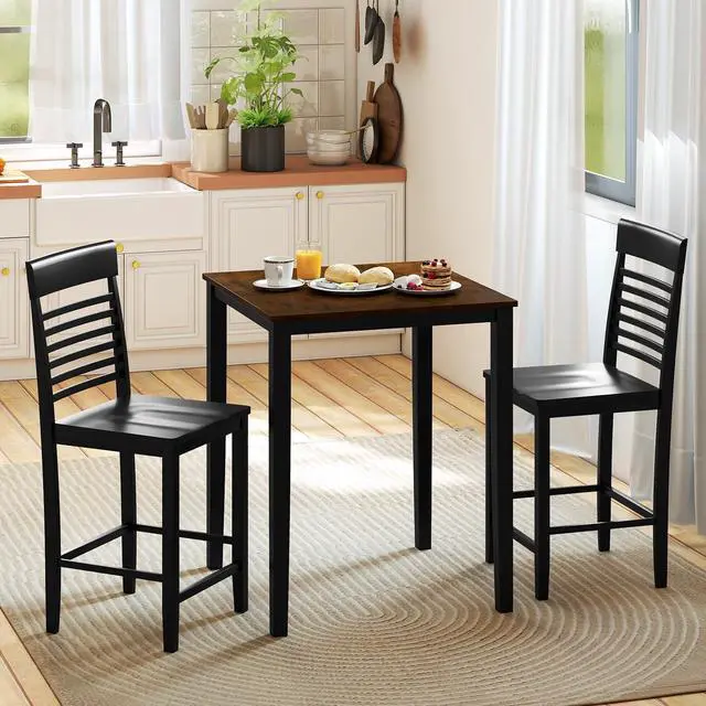 Alt view image 2 of 6 - 3-Piece Dining Table Set for 2, Counter-Height Square Kitchen Table and Chairs Set with Rubber Wood Frame, Curved Back, Footrest, Bar Table Set for Small Place Dinette Breakfast Nook