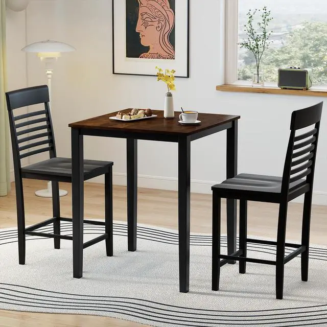 Alt view image 3 of 6 - 3-Piece Dining Table Set for 2, Counter-Height Square Kitchen Table and Chairs Set with Rubber Wood Frame, Curved Back, Footrest, Bar Table Set for Small Place Dinette Breakfast Nook