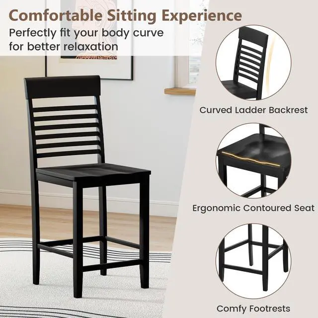 Alt view image 5 of 6 - 3-Piece Dining Table Set for 2, Counter-Height Square Kitchen Table and Chairs Set with Rubber Wood Frame, Curved Back, Footrest, Bar Table Set for Small Place Dinette Breakfast Nook