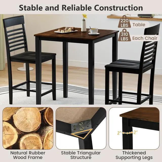 Alt view image 6 of 6 - 3-Piece Dining Table Set for 2, Counter-Height Square Kitchen Table and Chairs Set with Rubber Wood Frame, Curved Back, Footrest, Bar Table Set for Small Place Dinette Breakfast Nook