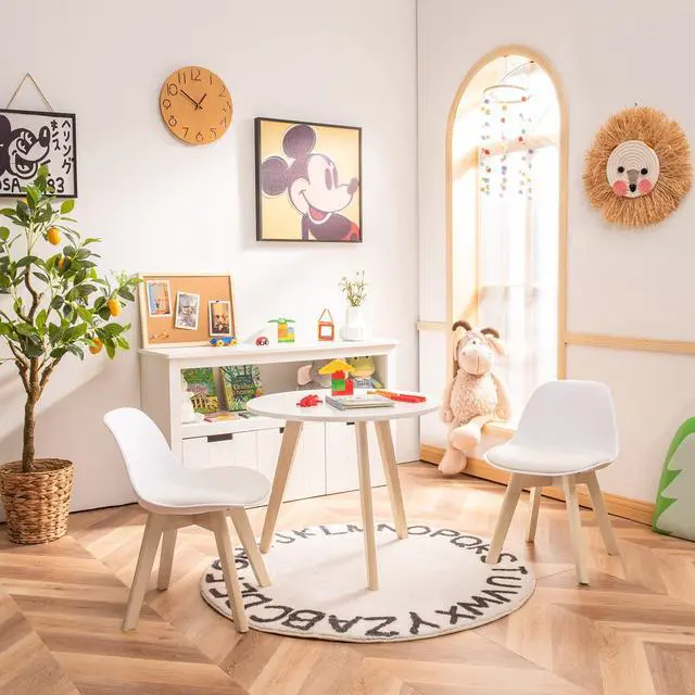 Alt view image 3 of 6 - Kids Table and Chair Set, 3 PCS Wood Activity Play Table w/Padded Seat & Wood Legs for Arts, Crafts, Reading, Preschool, Kindergarten, Playroom, Mid Century Modern Toddler Table and Chairs