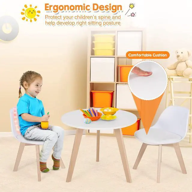 Alt view image 4 of 6 - Kids Table and Chair Set, 3 PCS Wood Activity Play Table w/Padded Seat & Wood Legs for Arts, Crafts, Reading, Preschool, Kindergarten, Playroom, Mid Century Modern Toddler Table and Chairs