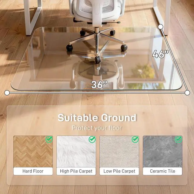 Alt view image 2 of 6 - 36 x 46 in Ultra-Clear Tempered Glass Chair Mat Floor Protector | 0.2 in Thick Heavy-Duty Scratch-Resistant Surface with Non-Slip Pads and Rounded Polished Edges for Hard Floors and Carpets