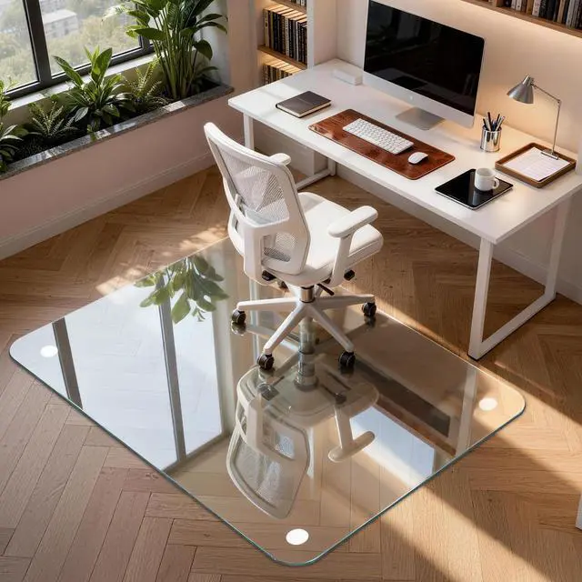 Main image of 46 x 55 in Ultra-Clear Tempered Glass Chair Mat Floor Protector | 0.2 in Thick Heavy-Duty Scratch-Resistant Surface with Non-Slip Pads and Rounded Polished Edges for Hard Floors and Carpets