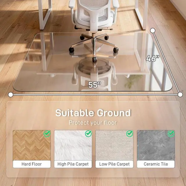 Alt view image 2 of 6 - 46 x 55 in Ultra-Clear Tempered Glass Chair Mat Floor Protector | 0.2 in Thick Heavy-Duty Scratch-Resistant Surface with Non-Slip Pads and Rounded Polished Edges for Hard Floors and Carpets