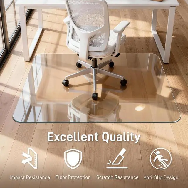 Alt view image 3 of 6 - 46 x 55 in Ultra-Clear Tempered Glass Chair Mat Floor Protector | 0.2 in Thick Heavy-Duty Scratch-Resistant Surface with Non-Slip Pads and Rounded Polished Edges for Hard Floors and Carpets