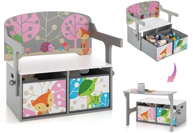 Main image of Kids Table and Chair Set, 3-in-1 Convertible Wooden Toy Storage Bench with Handle, 2 Bins for Kids Reading Nook, Toddler Table and Chair Set for Daycare Playroom Classroom (Gray)