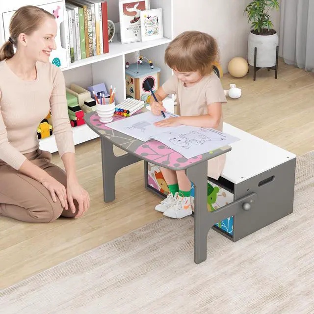 Alt view image 2 of 6 - Kids Table and Chair Set, 3-in-1 Convertible Wooden Toy Storage Bench with Handle, 2 Bins for Kids Reading Nook, Toddler Table and Chair Set for Daycare Playroom Classroom (Gray)