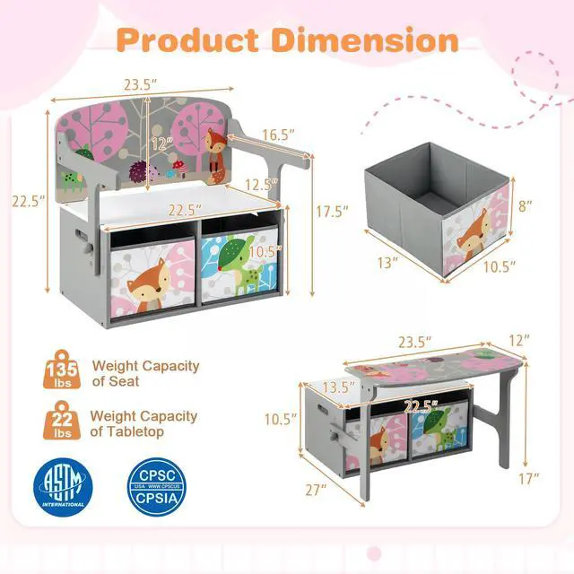 Alt view image 3 of 6 - Kids Table and Chair Set, 3-in-1 Convertible Wooden Toy Storage Bench with Handle, 2 Bins for Kids Reading Nook, Toddler Table and Chair Set for Daycare Playroom Classroom (Gray)