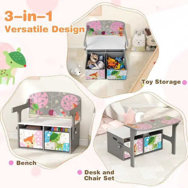 Alt view image 4 of 6 - Kids Table and Chair Set, 3-in-1 Convertible Wooden Toy Storage Bench with Handle, 2 Bins for Kids Reading Nook, Toddler Table and Chair Set for Daycare Playroom Classroom (Gray)