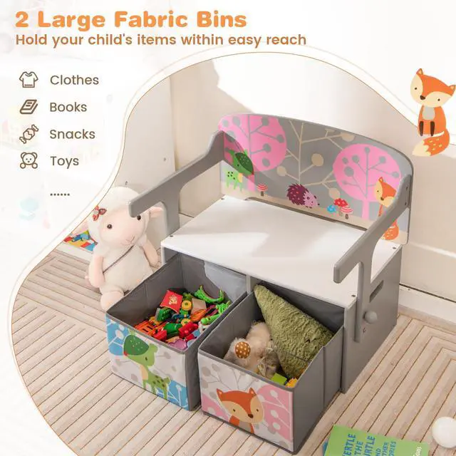 Alt view image 5 of 6 - Kids Table and Chair Set, 3-in-1 Convertible Wooden Toy Storage Bench with Handle, 2 Bins for Kids Reading Nook, Toddler Table and Chair Set for Daycare Playroom Classroom (Gray)