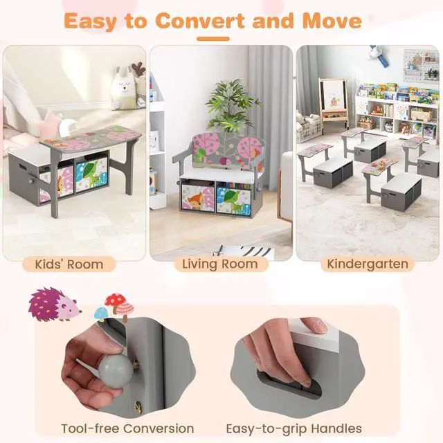 Alt view image 6 of 6 - Kids Table and Chair Set, 3-in-1 Convertible Wooden Toy Storage Bench with Handle, 2 Bins for Kids Reading Nook, Toddler Table and Chair Set for Daycare Playroom Classroom (Gray)