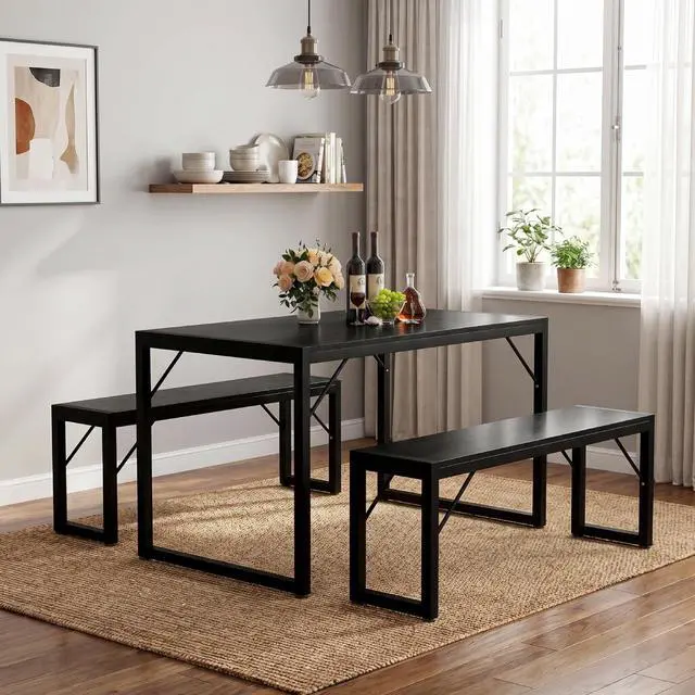 Alt view image 2 of 6 - Dining Table Set for 4 with Metal Frame and MDF Board, Space Saving Kitchen Table with 2 Benches, Kitchen Table Set for Apartment, Dining Room, Breakfast Nook, Black