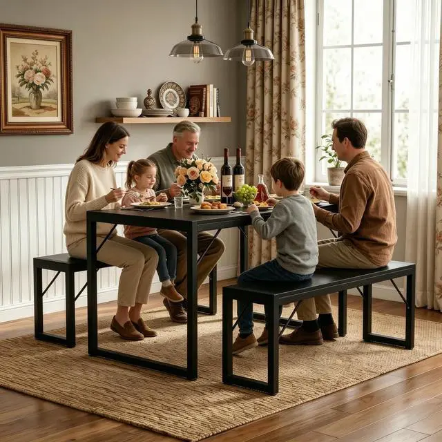 Alt view image 3 of 6 - Dining Table Set for 4 with Metal Frame and MDF Board, Space Saving Kitchen Table with 2 Benches, Kitchen Table Set for Apartment, Dining Room, Breakfast Nook, Black