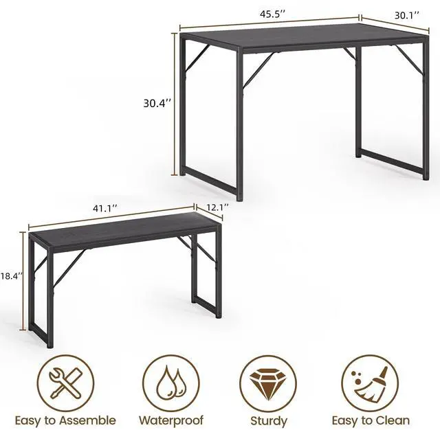Alt view image 4 of 6 - Dining Table Set for 4 with Metal Frame and MDF Board, Space Saving Kitchen Table with 2 Benches, Kitchen Table Set for Apartment, Dining Room, Breakfast Nook, Black