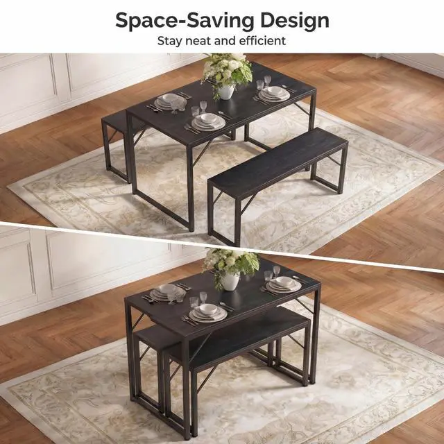 Alt view image 5 of 6 - Dining Table Set for 4 with Metal Frame and MDF Board, Space Saving Kitchen Table with 2 Benches, Kitchen Table Set for Apartment, Dining Room, Breakfast Nook, Black