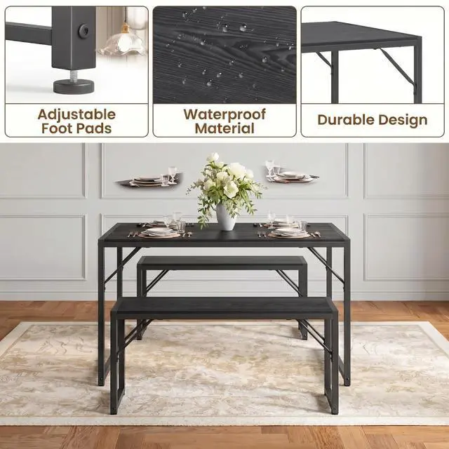 Alt view image 6 of 6 - Dining Table Set for 4 with Metal Frame and MDF Board, Space Saving Kitchen Table with 2 Benches, Kitchen Table Set for Apartment, Dining Room, Breakfast Nook, Black