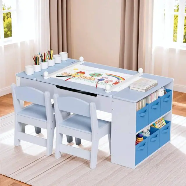 Main image of Kids Art Table and Chairs Set, 3 in 1 Toddler Craft Desk w/Easel, Sturdy Wood Activity Table w/Large Drawing Tabletop, Paint Cups, Removable Bins, Paper Roll for Home Classroom Daycare
