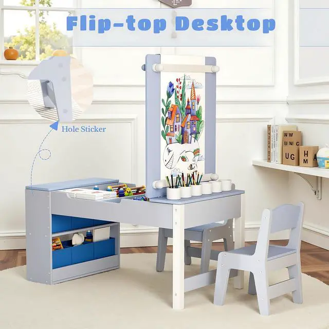 Alt view image 2 of 6 - Kids Art Table and Chairs Set, 3 in 1 Toddler Craft Desk w/Easel, Sturdy Wood Activity Table w/Large Drawing Tabletop, Paint Cups, Removable Bins, Paper Roll for Home Classroom Daycare