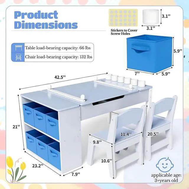 Alt view image 3 of 6 - Kids Art Table and Chairs Set, 3 in 1 Toddler Craft Desk w/Easel, Sturdy Wood Activity Table w/Large Drawing Tabletop, Paint Cups, Removable Bins, Paper Roll for Home Classroom Daycare
