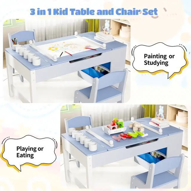 Alt view image 4 of 6 - Kids Art Table and Chairs Set, 3 in 1 Toddler Craft Desk w/Easel, Sturdy Wood Activity Table w/Large Drawing Tabletop, Paint Cups, Removable Bins, Paper Roll for Home Classroom Daycare