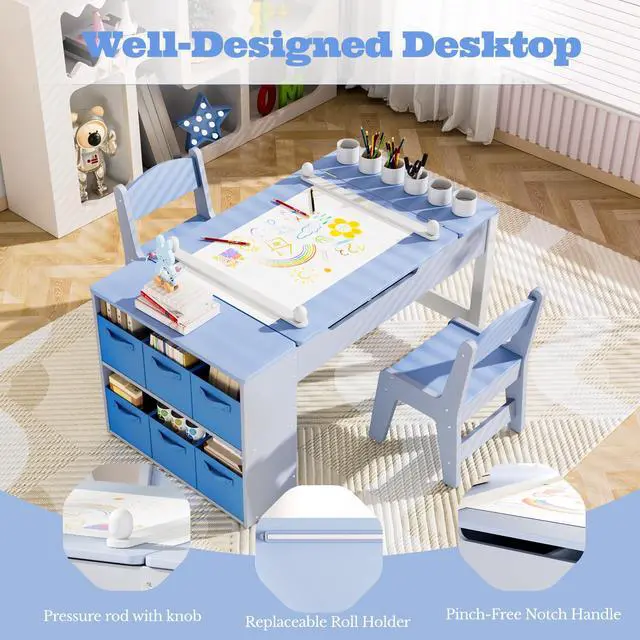 Alt view image 5 of 6 - Kids Art Table and Chairs Set, 3 in 1 Toddler Craft Desk w/Easel, Sturdy Wood Activity Table w/Large Drawing Tabletop, Paint Cups, Removable Bins, Paper Roll for Home Classroom Daycare