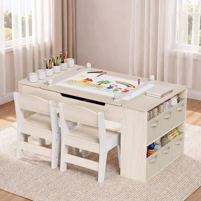 Main image of Kids Art Table and Chairs Set, 3 in 1 Toddler Craft Desk w/Easel, Sturdy Wood Activity Table w/Large Drawing Tabletop, Paint Cups, Removable Bins, Paper Roll for Home Classroom Daycare