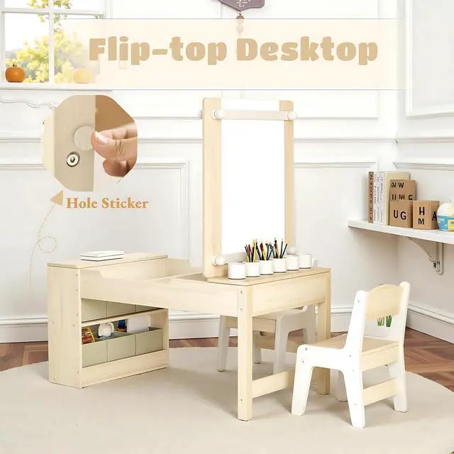 Alt view image 2 of 6 - Kids Art Table and Chairs Set, 3 in 1 Toddler Craft Desk w/Easel, Sturdy Wood Activity Table w/Large Drawing Tabletop, Paint Cups, Removable Bins, Paper Roll for Home Classroom Daycare