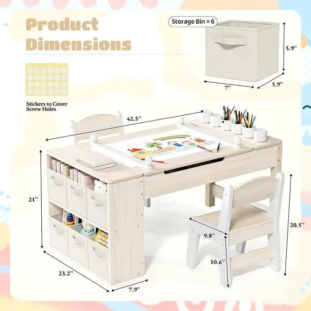 Alt view image 3 of 6 - Kids Art Table and Chairs Set, 3 in 1 Toddler Craft Desk w/Easel, Sturdy Wood Activity Table w/Large Drawing Tabletop, Paint Cups, Removable Bins, Paper Roll for Home Classroom Daycare