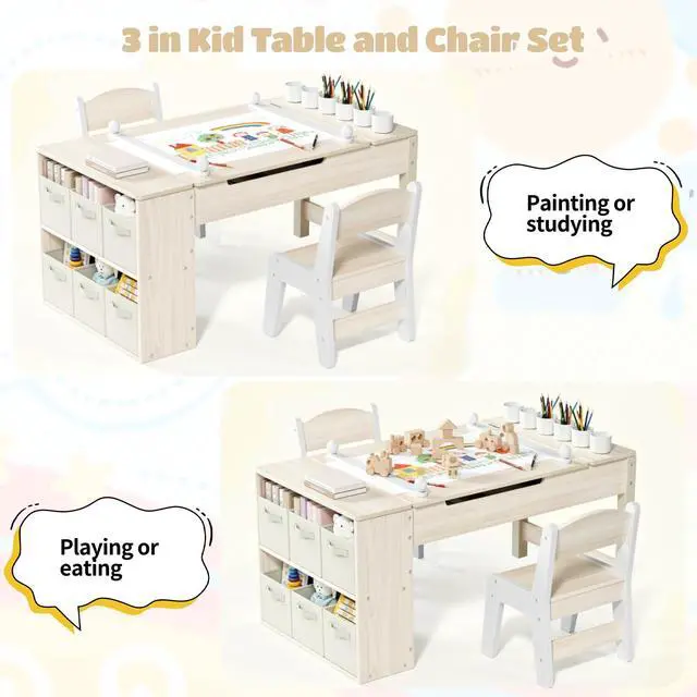 Alt view image 4 of 6 - Kids Art Table and Chairs Set, 3 in 1 Toddler Craft Desk w/Easel, Sturdy Wood Activity Table w/Large Drawing Tabletop, Paint Cups, Removable Bins, Paper Roll for Home Classroom Daycare