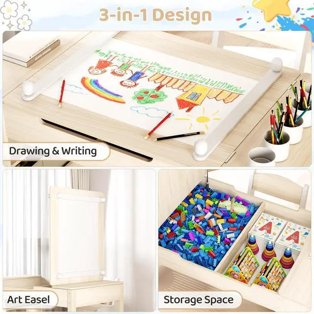 Alt view image 5 of 6 - Kids Art Table and Chairs Set, 3 in 1 Toddler Craft Desk w/Easel, Sturdy Wood Activity Table w/Large Drawing Tabletop, Paint Cups, Removable Bins, Paper Roll for Home Classroom Daycare